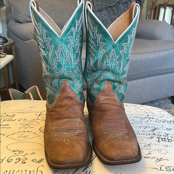 Justin Women's Bent Rail Kennedy Western Boots Size 10C Turquoise Green & Brown - Picture 6 of 15
